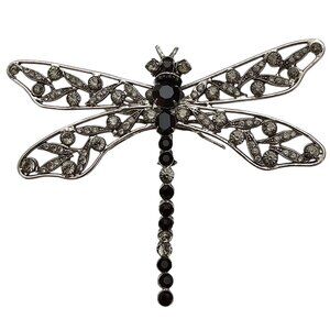 Simon Ju Dragonfly Brooch Black, Smoky Rhinestone Statement Pin Signed J510